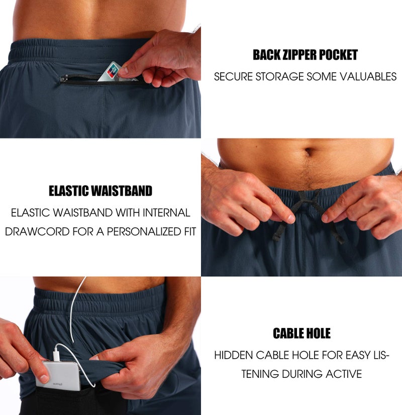 Pudolla Menâ€™s 2 in 1 Running Shorts 5" Quick Dry Gym Athletic Workout Shorts for Men with Phone Pockets(Navy Blue Large) - Image 5